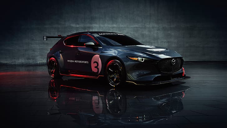 Mazda3 TCR 2019, автомобиль, черные автомобили, Мазда 3, отражение, HD обои