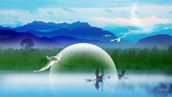Chinesisches Lscape, Landschaft, Orientale, Berge, Fischer, Bäume, Vögel, Fluss, Wolken, 3d und Zusammenfassung, HD-Hintergrundbild