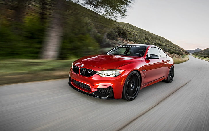 red BMW coupe, bmw, m4, f82, side view, red, speed, HD wallpaper