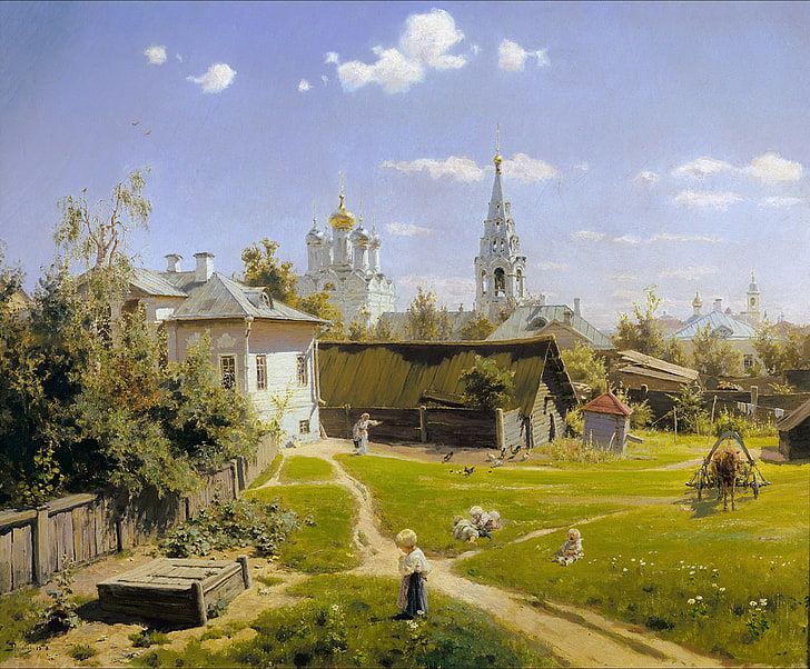 白い塗られた家、夏、空、雲、家、絵、納屋、よく、教会、絵画、芝生、ポレノフ、ドーム、モスクワの中庭、 HDデスクトップの壁紙