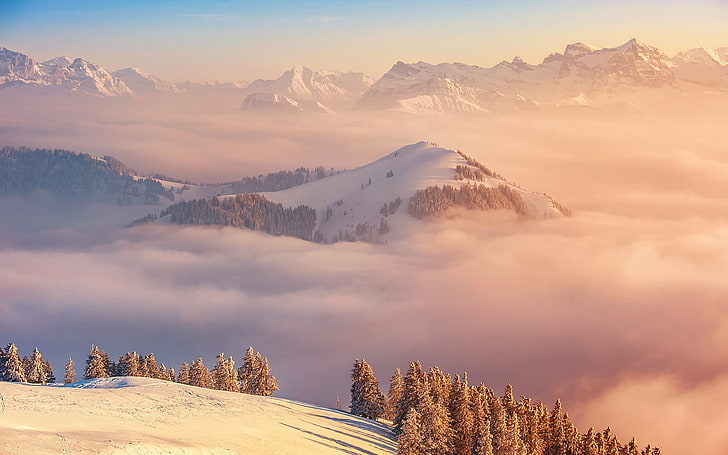 schneebedeckte Berge, Natur, Landschaft, Berge, Nebel, Wald, Schnee, Bäume, Winter, HD-Hintergrundbild