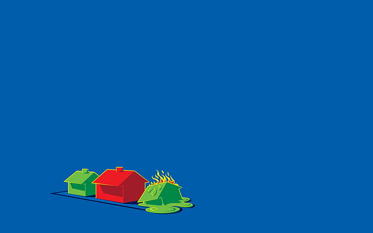 ilustracja czerwony i zielony dom, bezgwintowe, proste, minimalizm, humor, palenie, wosk, niebieski, dom, niebieskie tło, proste tło, Tapety HD