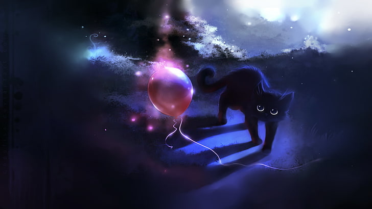 черная кошка иллюстрация, кот, фигура, шар, апофис, воздушный шар, HD обои