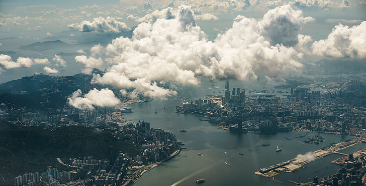 fotografia aérea da ilha de Manhattan, Hong Kong, nuvens, cidade, céu, HD papel de parede