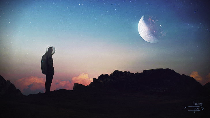 sfondo luna, montagne, pianeta, astronauta, uomini, notte, fantasy art, arte digitale, Dmitry Bogolyubov, Sfondo HD