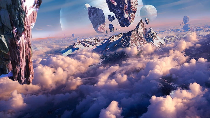 mountain and clouds digital wallpaper, artwork, fantasy art, concept art, mountains, floating, planet, space, HD wallpaper