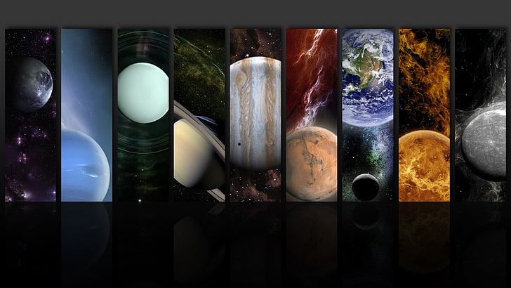Erde, Jupiter, Mars, Merkur, Mond, Neptun, Planet, Pluto, Spiegelbild, Saturn, Raum, Sterne, Sonne, Uranus, Venus, HD-Hintergrundbild