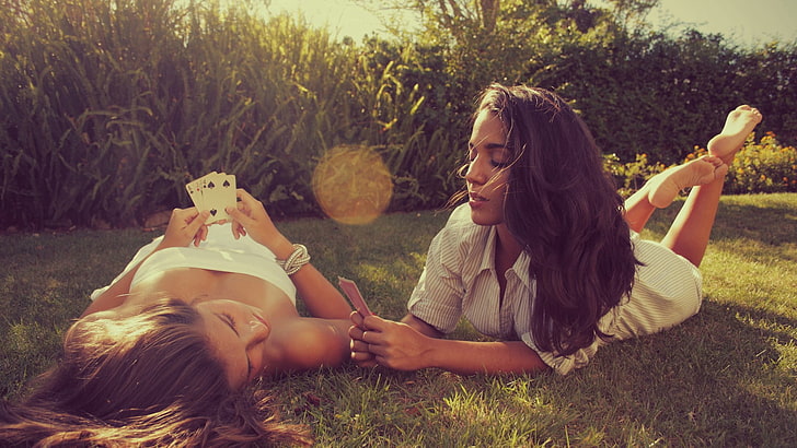 women's white strapless top, women, grass, cards, summer, lying down, feet, HD wallpaper