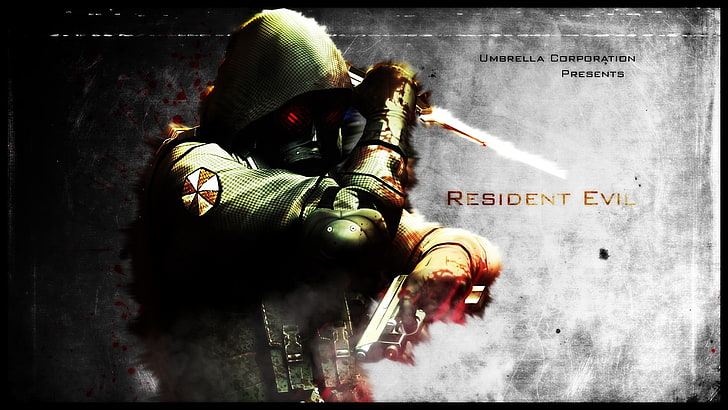 Resident Evil illustration, Resident Evil, Umbrella Corporation, artwork, game logo, evil, gun, knife, gas masks, blood, HD wallpaper