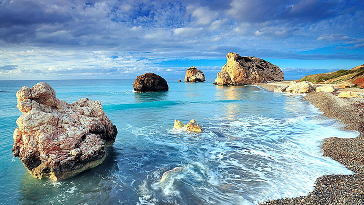 naturaleza, mar, cielo azul, cielo, rocas, puesta de sol, playa, verano, mar azul, turquesa, roca, verano, vacaciones, Fondo de pantalla HD