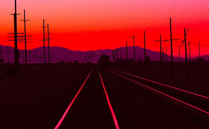 Railtracks at Dusk, Nature, Sun and Sky, Sunset, Train, Twilight, Railway, Evening, Tracks, HD wallpaper