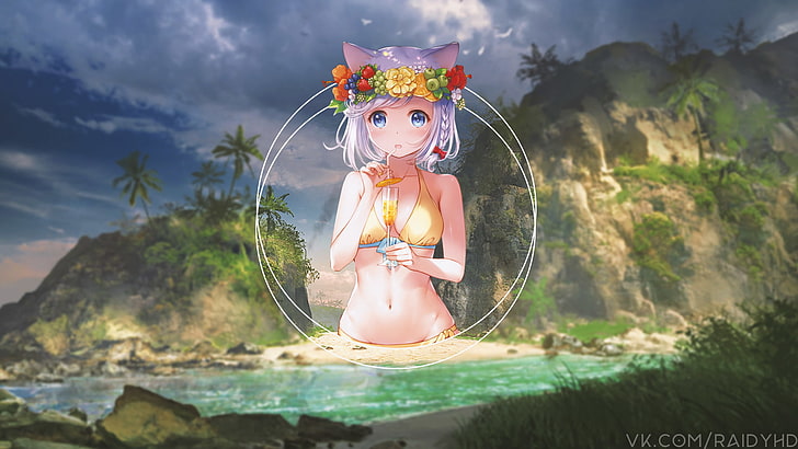 anime, chicas anime, picture-in-picture, playa, Fondo de pantalla HD