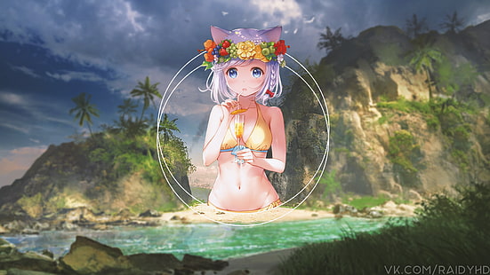 อะนิเมะสาวอะนิเมะภาพซ้อนภาพชายหาด, วอลล์เปเปอร์ HD HD wallpaper