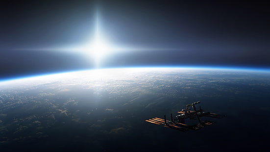 космос, Международная космическая станция, Земля, Солнце, блики, МКС, HD обои HD wallpaper