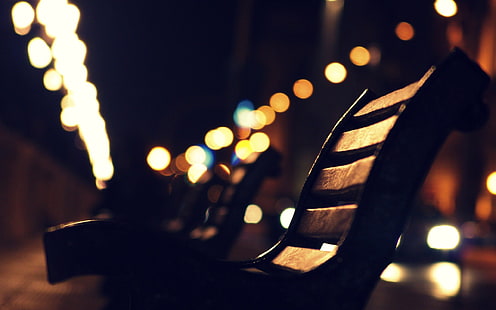 коричневая деревянная скамейка, скамейка, фонари, уличный фонарь, HD обои HD wallpaper