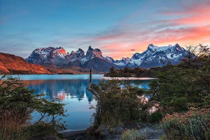 Chile, lake, landscape, mountains, National Park, nature, Patagonia, photography, Shrubs, Snowy Peak, sunset, Torres Del Paine, HD wallpaper