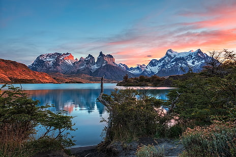 Chile, lake, landscape, mountains, National Park, nature, Patagonia, photography, Shrubs, Snowy Peak, sunset, Torres Del Paine, HD wallpaper HD wallpaper