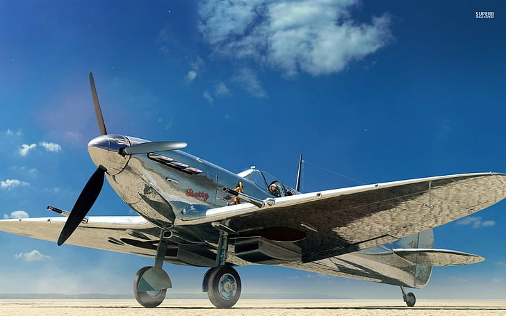 Supermarine Spitfire, cromo, avión, nubes, Fondo de pantalla HD