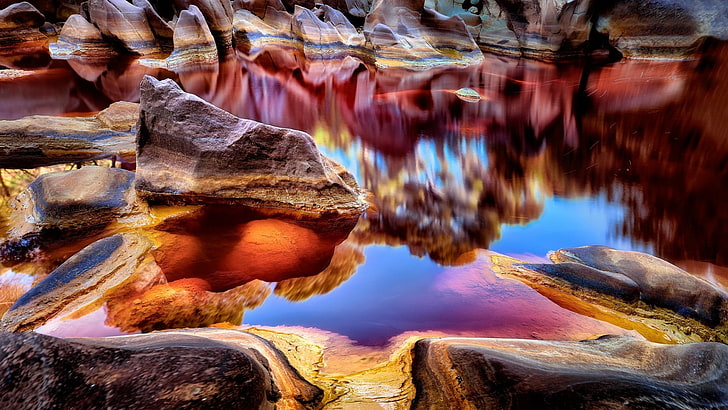 red river, river, mining park, eu, andalusia, sierra morena, sierra morena mountains, europe, spain, reflection, landscape, rio tinto, geology, canyon, formation, rock, rock formation, water, HD wallpaper