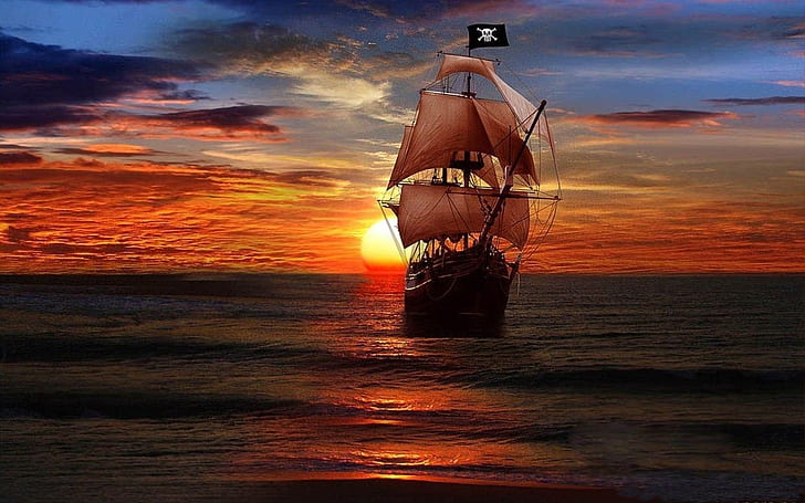 غروب الشمس و سفينة القراصنة Fantasy art Desktop Wallpaper HD 1920 × 1200، خلفية HD