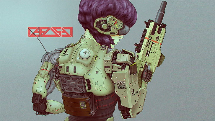 ilustracja żołnierza robota, cyberpunk, broń, Ghost in the Shell, Kusanagi Motoko, Tapety HD