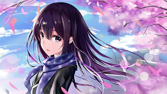 Anime, My Teen Romantic Comedy SNAFU, fleur, fille, cheveux longs, yeux violets, cheveux violets, écharpe, Yukino Yukinoshita, Fond d'écran HD HD wallpaper