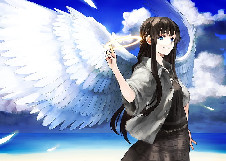 black haired anime character, sea, girl, clouds, wings, angel, art, halo, chirigami-san, HD wallpaper