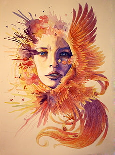 عمل فني ، وجه ، ألوان مائية ، طيور ، بقع طلاء ، طائر الفينيق، خلفية HD HD wallpaper