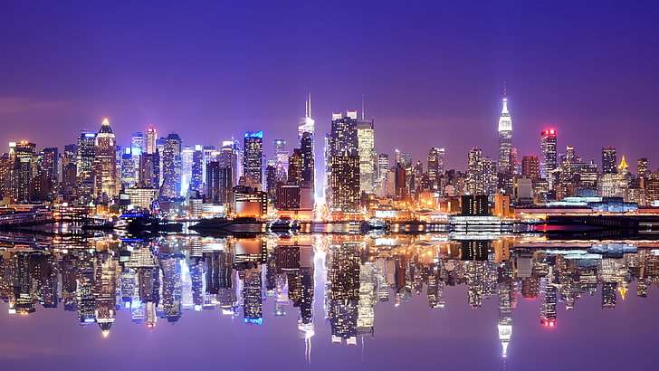 المباني الشاهقة ، مدينة نيويورك ، مانهاتن ، المدينة ، أضواء المدينة ، الانعكاس ، ناطحة سحاب ، مبنى إمباير ستيت، خلفية HD