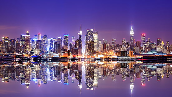 المباني الشاهقة ، مدينة نيويورك ، مانهاتن ، المدينة ، أضواء المدينة ، الانعكاس ، ناطحة سحاب ، مبنى إمباير ستيت، خلفية HD HD wallpaper