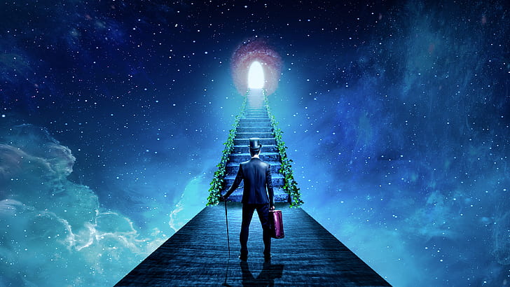 man with no name heaven amp hell sky galaxy portal cyan blue space alone in the dark alone power suit god path red best jungler level photo game map stairs, HD wallpaper