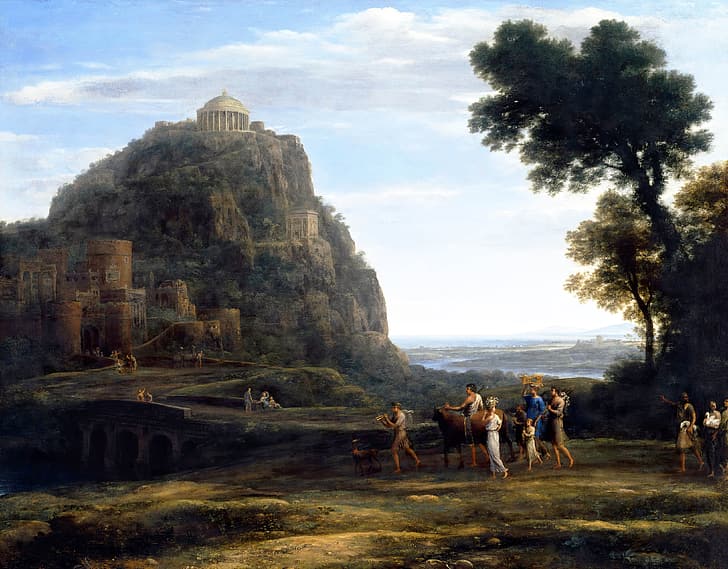 Widok Delf z procesją, Claude Lorrain, starożytna Grecja, sztuka klasyczna, malarstwo, Tapety HD