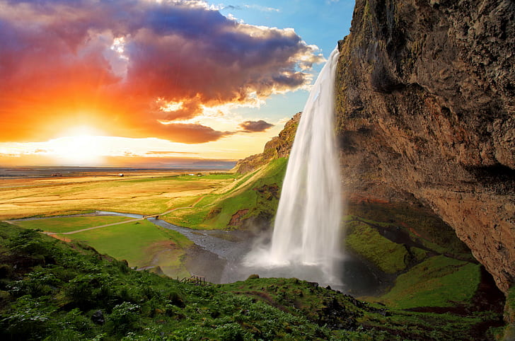 Исландия, Seljalandsfoss, слънце, мост, река, небе, облаци, пространство, водопад, Исландия, голф, скала, Seljalandsfoss, HD тапет