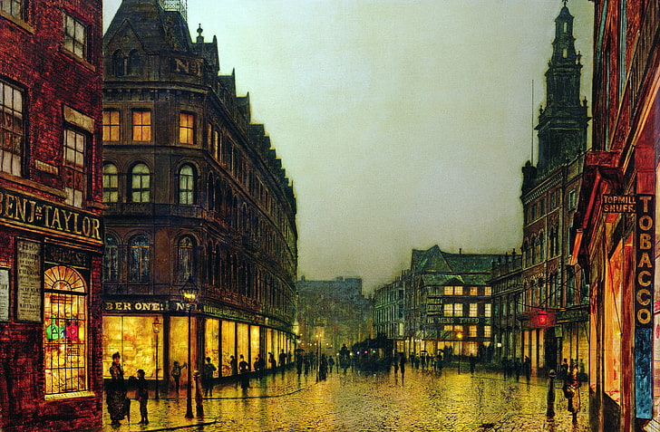 Tobacco store facade, light, the city, people, street, Windows, home, picture, lights, signs, showcase, John Atkinson Grimshaw, HD wallpaper
