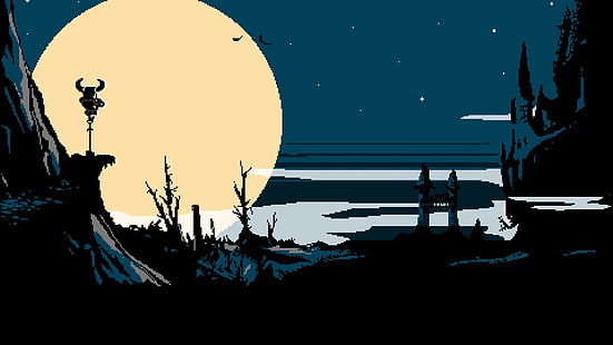 gelber Mond nachts malen, digitale Kunst, Pixelkunst, pixelig, Pixel, Natur, Landschaft, Schaufelritter, Videospiele, Nacht, Mond, Hügel, Sterne, Ast, 8-Bit, Retro-Spiele, HD-Hintergrundbild HD wallpaper