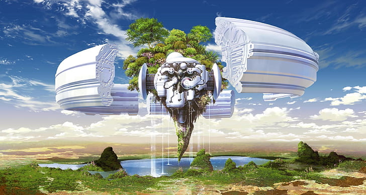 Trees, Land, Piece, Weightlessness, Mechanism, Sky, Water, HD wallpaper