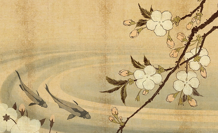 Art de la carpe japonaise, papier peint numérique fleur de cerisier blanc, Vintage, japonais, carpe, Fond d'écran HD