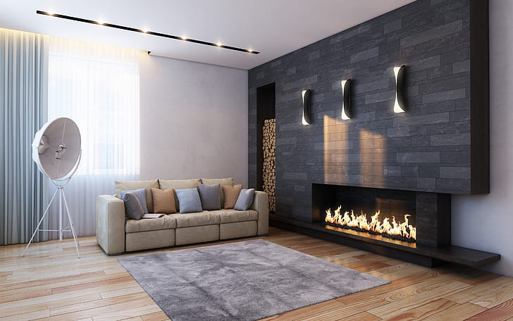 Lareira, sofá marrom de 3 lugares com almofadas, design de interiores, móveis, sofá, lareira, HD papel de parede