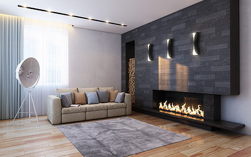 リビングルームの暖炉、スロー枕と茶色の3席ソファ、インテリアデザイン、家具、ソファ、暖炉、 HDデスクトップの壁紙 HD wallpaper