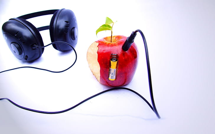 słuchawki, jabłko, bateria, Tapety HD