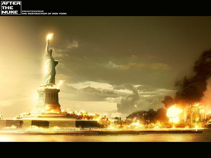 Patung Liberty, tentara AS. Hancur, seni digital, perang, apokaliptik, lanskap kota, Patung Liberty, Wallpaper HD