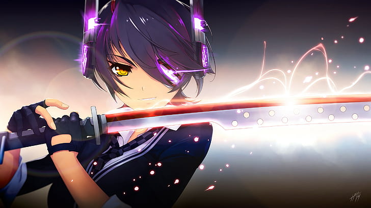 anime, gadis anime, rambut ungu, katana, pedang, mata kuning, Wallpaper HD