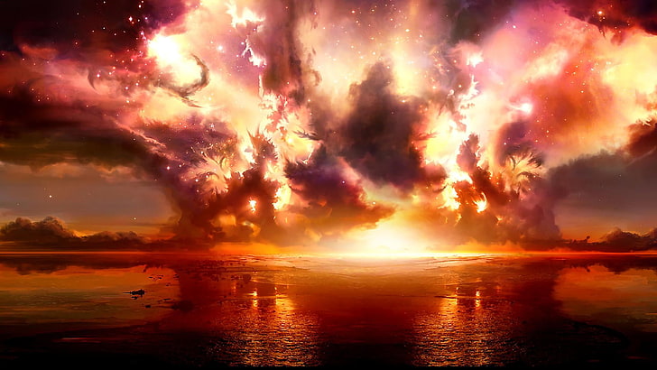 небо, фантастика, фэнтези-арт, облако, взрыв, дым, отражение, пейзаж, лесной пожар, HD обои