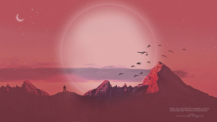 งานศิลปะภูเขาและนกภูเขาดวงอาทิตย์ดวงจันทร์นกการแต่งภาพ, วอลล์เปเปอร์ HD