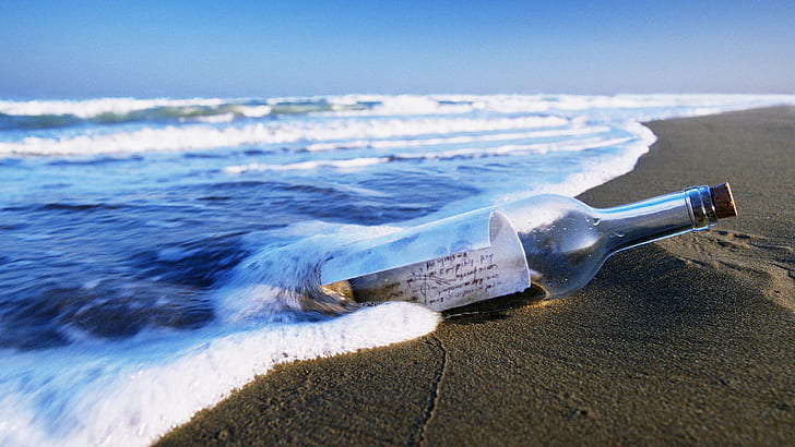 Mensagem de praia em uma garrafa, garrafa de vidro transparente impossível, praia, mensagem, garrafa, HD papel de parede