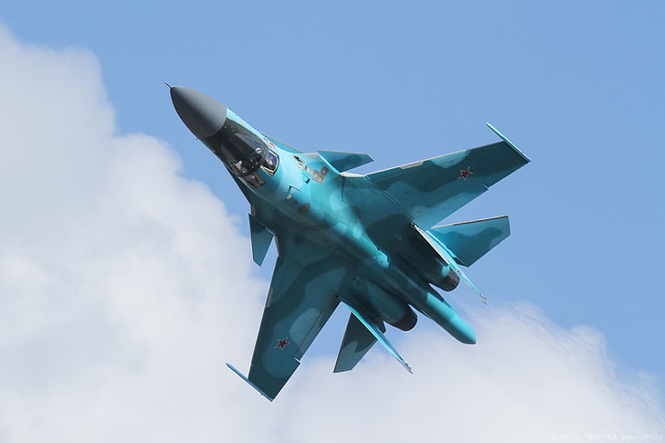 синий истребитель, небо, полёт, истребитель, Су-34, HD обои