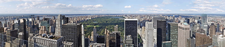 сива високоетажна сграда, Ню Йорк, троен екран, Манхатън, Централен парк, широк ъгъл, градски пейзаж, HD тапет