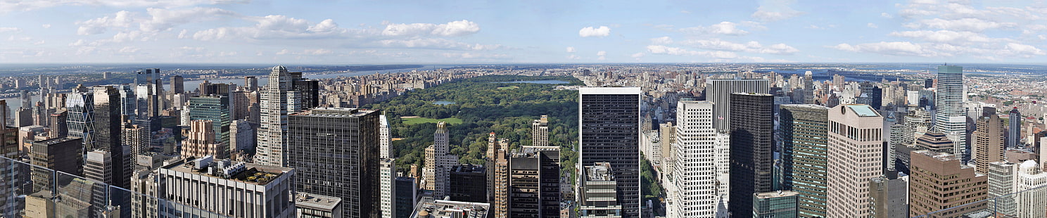 szary wieżowiec, Nowy Jork, potrójny ekran, Manhattan, Central Park, szeroki kąt, pejzaż miejski, Tapety HD HD wallpaper