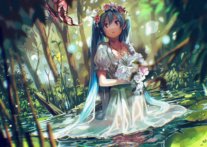 Water, girl, flowers, nature, butterfly, bouquet, anime, tears, art,  vocaloid, HD wallpaper | Wallpaperbetter