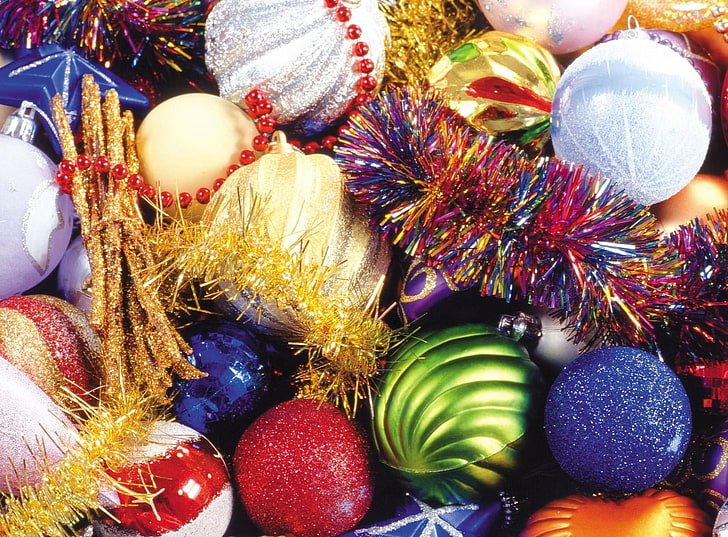 assorted-color baubles, christmas decorations, balloons, colorful, tinsel, glitter, attributes, HD wallpaper